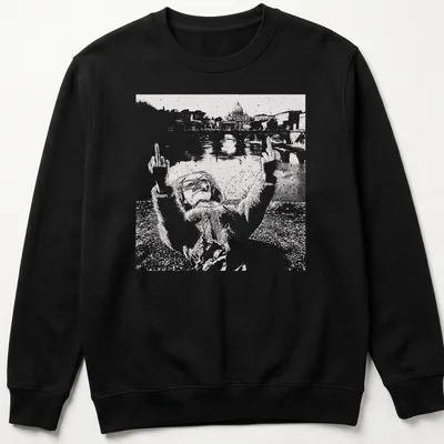 Distressed print of a playful doll face in black and white — printed on a unisex sweatshirt