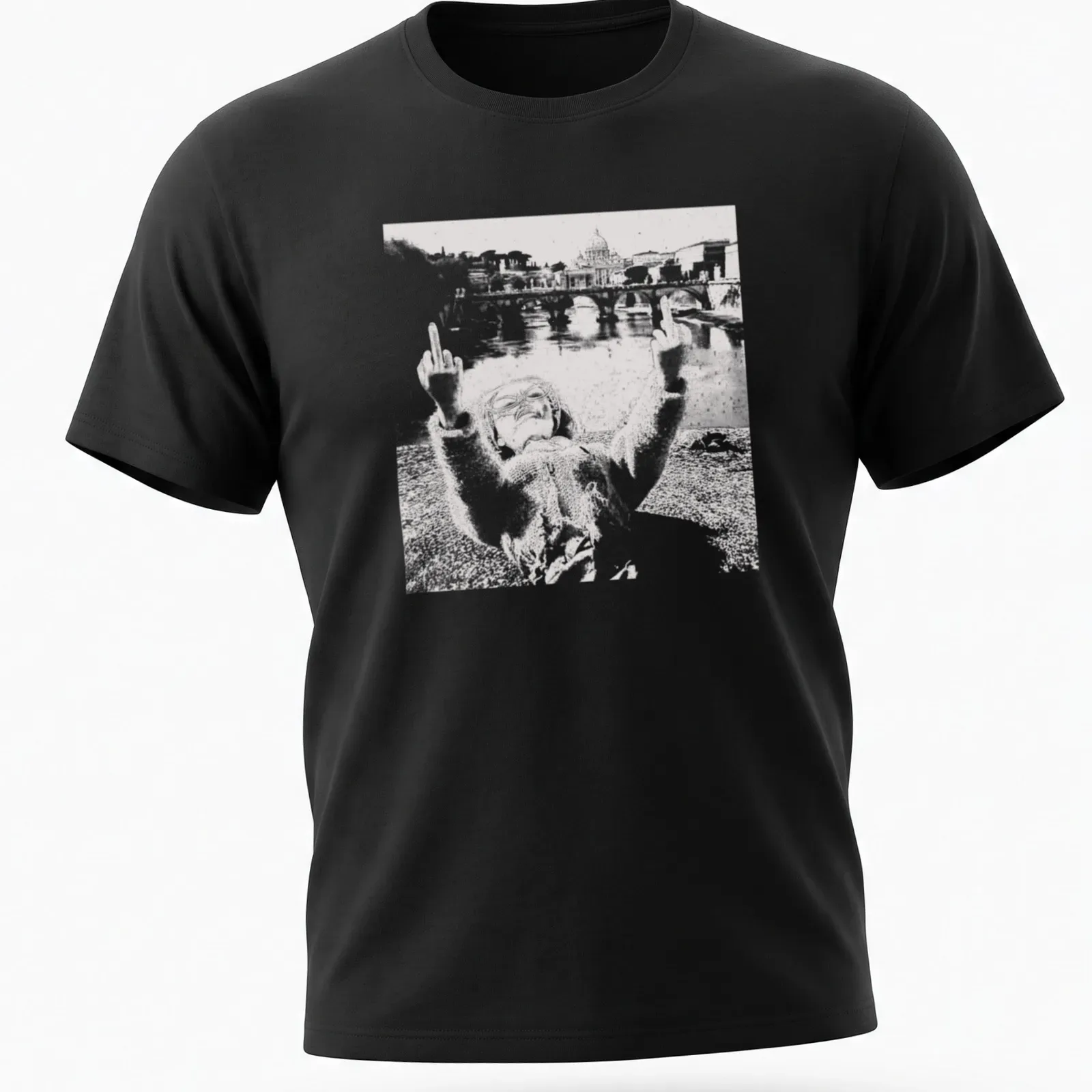 Distressed print of a playful doll face in black and white — printed on a unisex t-shirt