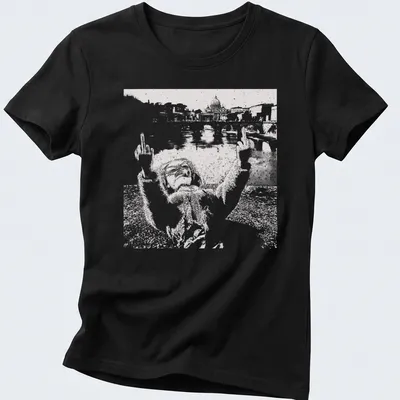 Distressed print of a playful doll face in black and white — printed on a women's shirt