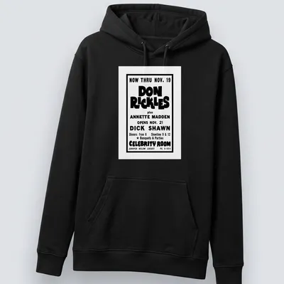 Vintage Don Rickles Celebrity Room t-shirt with black and white poster-style print — printed on a unisex hoodie
