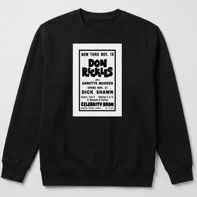 Vintage Don Rickles Celebrity Room t-shirt with black and white poster-style print — printed on a unisex sweatshirt