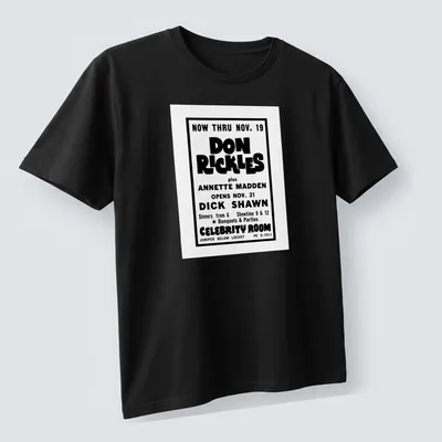 Vintage Don Rickles Celebrity Room t-shirt with black and white poster-style print — printed on a unisex t-shirt (angled view)