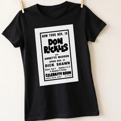 Vintage Don Rickles Celebrity Room t-shirt with black and white poster-style print — printed on a women's shirt