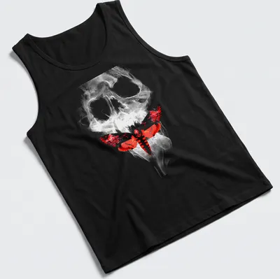 Dark surrealism t-shirt featuring a skull with a moth in red, white, black, and gray — printed on a tank top