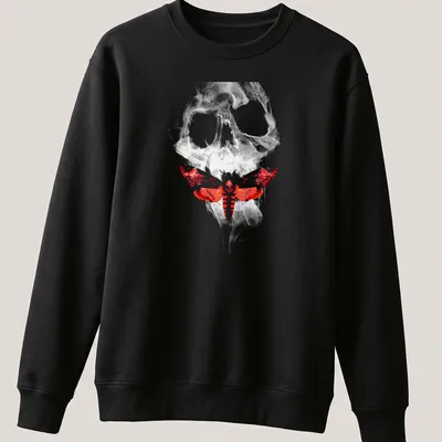 Dark surrealism t-shirt featuring a skull with a moth in red, white, black, and gray — printed on a unisex sweatshirt
