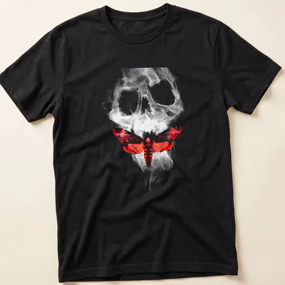 Dark surrealism t-shirt featuring a skull with a moth in red, white, black, and gray — printed on a unisex t-shirt