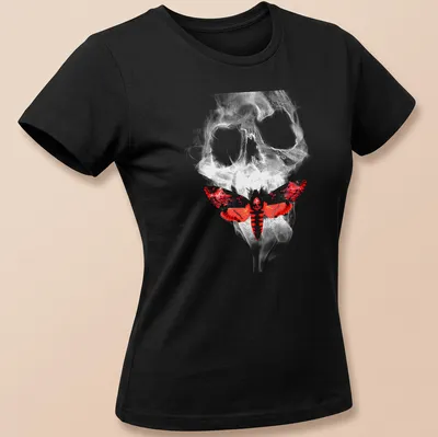 Dark surrealism t-shirt featuring a skull with a moth in red, white, black, and gray — printed on a women's shirt