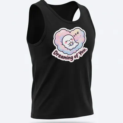 Kawaii ghost peeking from cloud with pastel colors and text Dreaming of You. — printed on a tank top