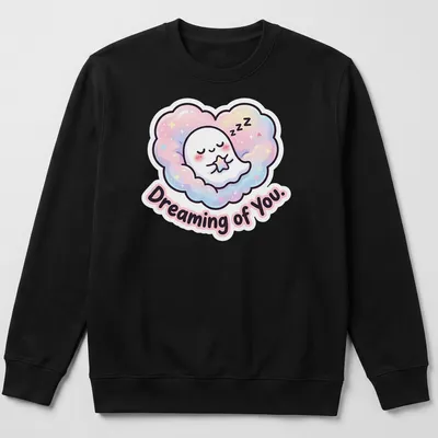 Kawaii ghost peeking from cloud with pastel colors and text Dreaming of You. — printed on a unisex sweatshirt
