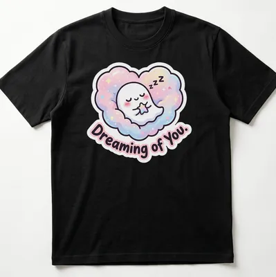 Kawaii ghost peeking from cloud with pastel colors and text Dreaming of You.