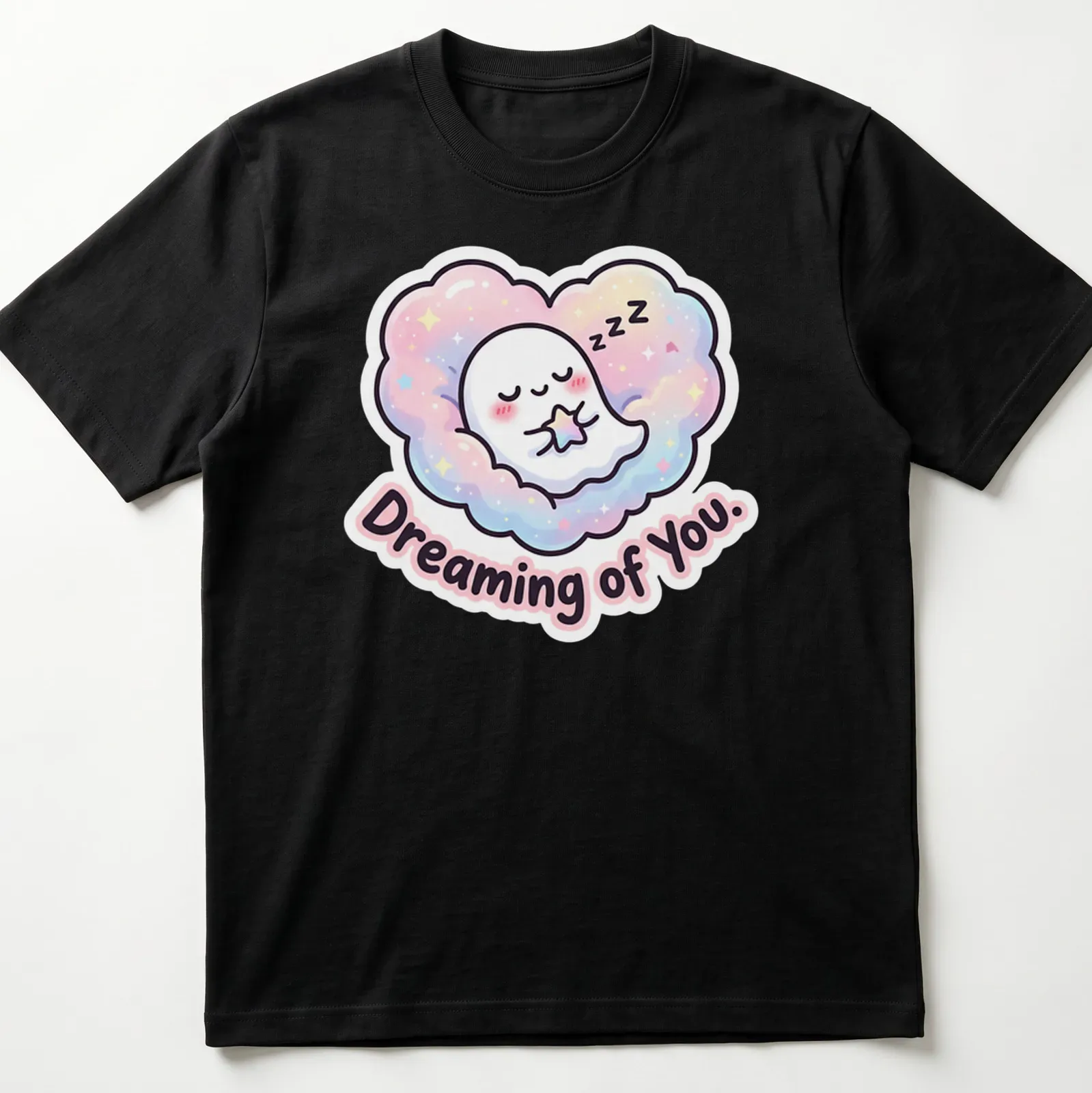 Kawaii ghost peeking from cloud with pastel colors and text Dreaming of You. — printed on a unisex t-shirt