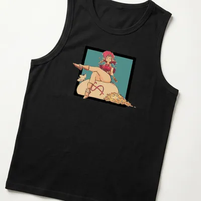 Kawaii T-shirt featuring a female adventurer sitting on a treasure bag — printed on a tank top