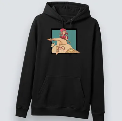 Kawaii T-shirt featuring a female adventurer sitting on a treasure bag — printed on a unisex hoodie