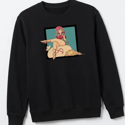 Kawaii T-shirt featuring a female adventurer sitting on a treasure bag — printed on a unisex sweatshirt