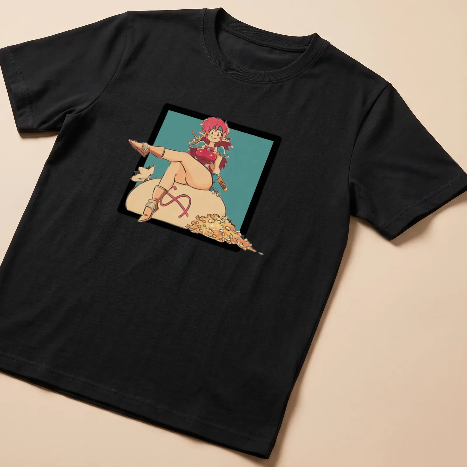 Kawaii T-shirt featuring a female adventurer sitting on a treasure bag — printed on a unisex t-shirt
