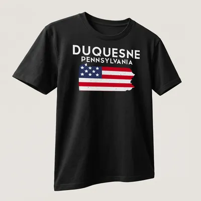 Distressed Duquesne Pennsylvania state flag t-shirt with bold lettering — printed on a unisex t-shirt (angled view)