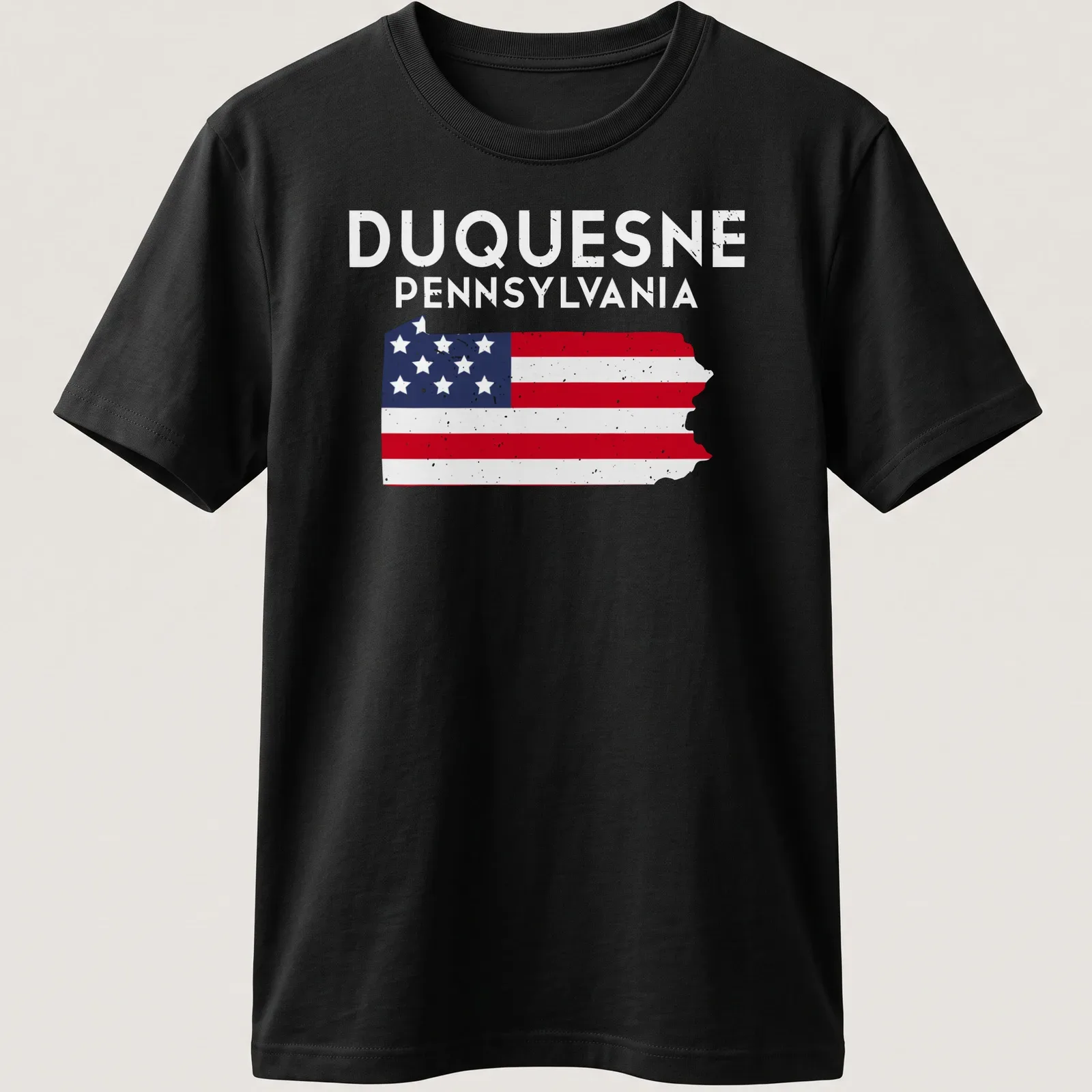 Distressed Duquesne Pennsylvania state flag t-shirt with bold lettering — printed on a unisex t-shirt