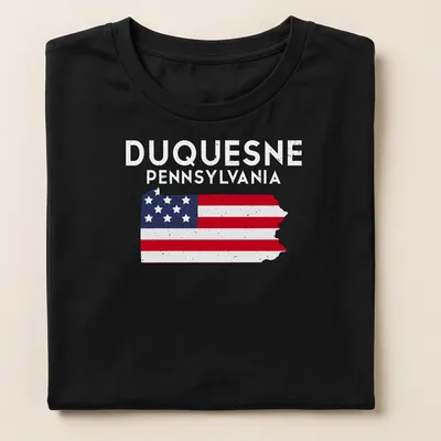 Distressed Duquesne Pennsylvania state flag t-shirt with bold lettering — printed on a women's shirt