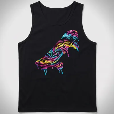 Dynamic impasto skateboard design in pink, blue, yellow, and white — printed on a tank top
