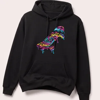 Dynamic impasto skateboard design in pink, blue, yellow, and white — printed on a unisex hoodie