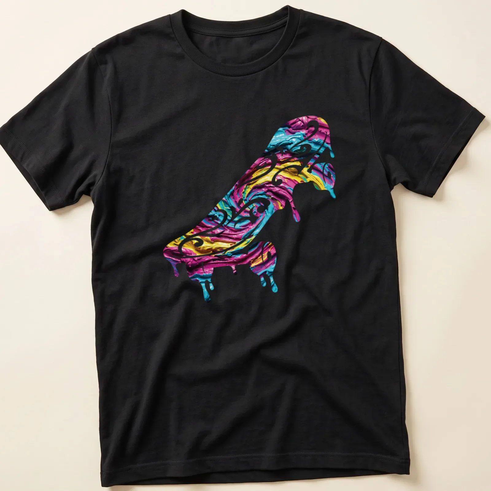 Dynamic impasto skateboard design in pink, blue, yellow, and white — printed on a unisex t-shirt