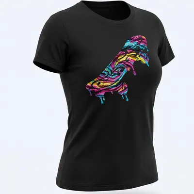Dynamic impasto skateboard design in pink, blue, yellow, and white — printed on a women's shirt