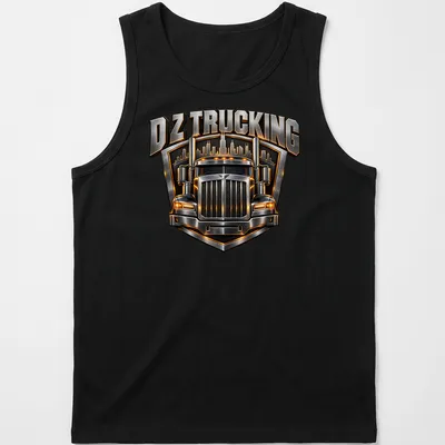 Bold metallic DZ Trucking t-shirt featuring a heavy-duty truck graphic — printed on a tank top