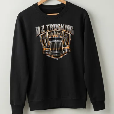 Bold metallic DZ Trucking t-shirt featuring a heavy-duty truck graphic — printed on a unisex sweatshirt