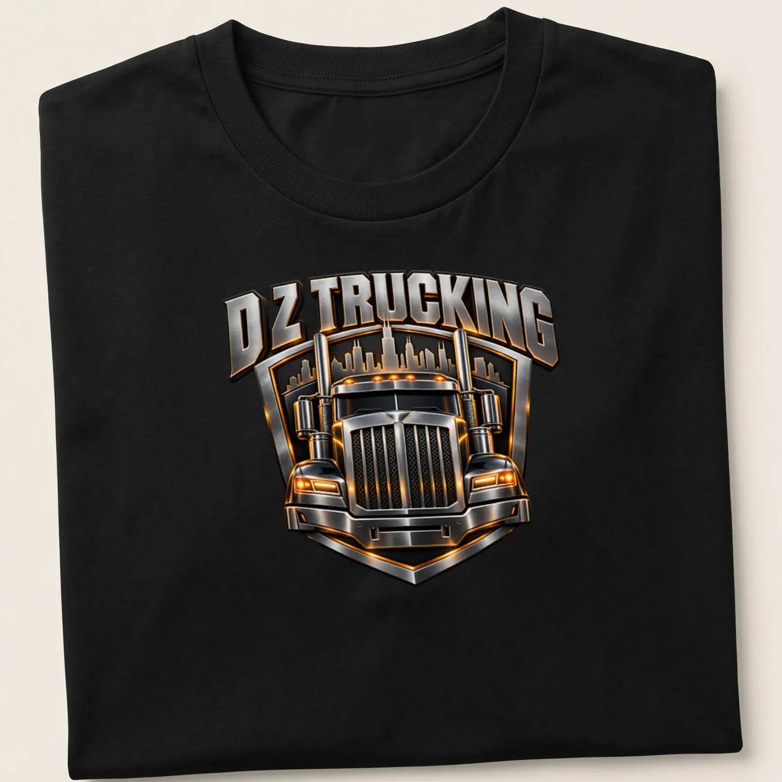 Bold metallic DZ Trucking t-shirt featuring a heavy-duty truck graphic — printed on a unisex t-shirt