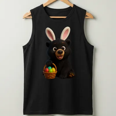 Cartoon black bear with colorful Easter eggs in various shades. — printed on a tank top