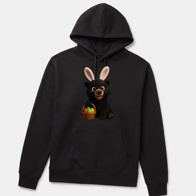 Cartoon black bear with colorful Easter eggs in various shades. — printed on a unisex hoodie