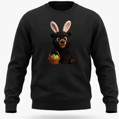 Cartoon black bear with colorful Easter eggs in various shades. — printed on a unisex sweatshirt