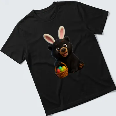 Cartoon black bear with colorful Easter eggs in various shades.