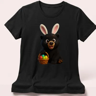 Cartoon black bear with colorful Easter eggs in various shades. — printed on a women's shirt