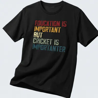 Distressed typography t-shirt with colorful text on cricket's importance.