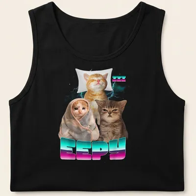 Colorful cartoon design featuring sleepy cats with the word Eepy — printed on a tank top