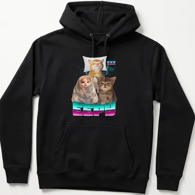 Colorful cartoon design featuring sleepy cats with the word Eepy — printed on a unisex hoodie