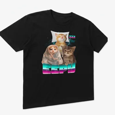 Colorful cartoon design featuring sleepy cats with the word Eepy — printed on a unisex t-shirt (angled view)