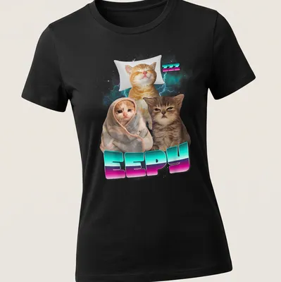 Colorful cartoon design featuring sleepy cats with the word Eepy — printed on a women's shirt