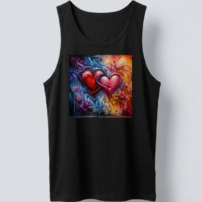 Graffiti art of two entwined hearts in vibrant colors. — printed on a tank top