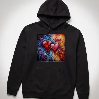 Graffiti art of two entwined hearts in vibrant colors. — printed on a unisex hoodie