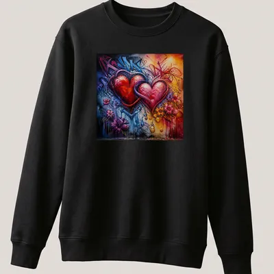 Graffiti art of two entwined hearts in vibrant colors. — printed on a unisex sweatshirt