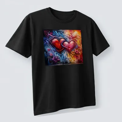 Graffiti art of two entwined hearts in vibrant colors. — printed on a unisex t-shirt (angled view)