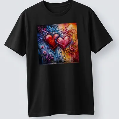 Graffiti art of two entwined hearts in vibrant colors. — printed on a unisex t-shirt