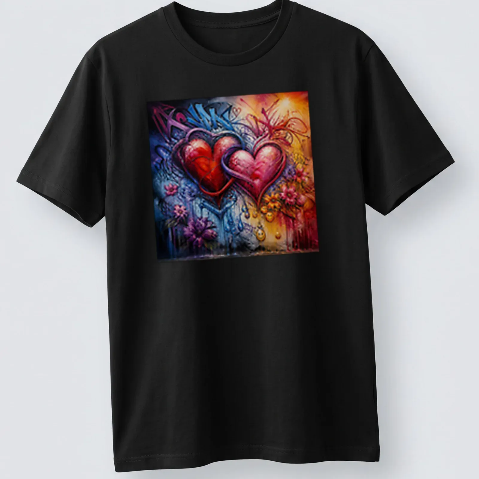 Graffiti art of two entwined hearts in vibrant colors. — printed on a unisex t-shirt