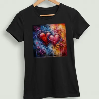 Graffiti art of two entwined hearts in vibrant colors. — printed on a women's shirt