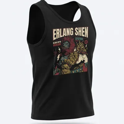 Vintage illustration of Erlang Shen with bold text in rich colors — printed on a tank top