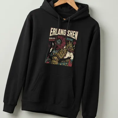 Vintage illustration of Erlang Shen with bold text in rich colors — printed on a unisex hoodie
