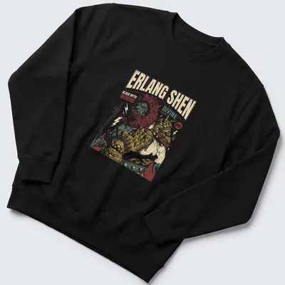 Vintage illustration of Erlang Shen with bold text in rich colors — printed on a unisex sweatshirt