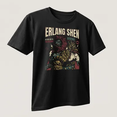 Vintage illustration of Erlang Shen with bold text in rich colors — printed on a unisex t-shirt (angled view)